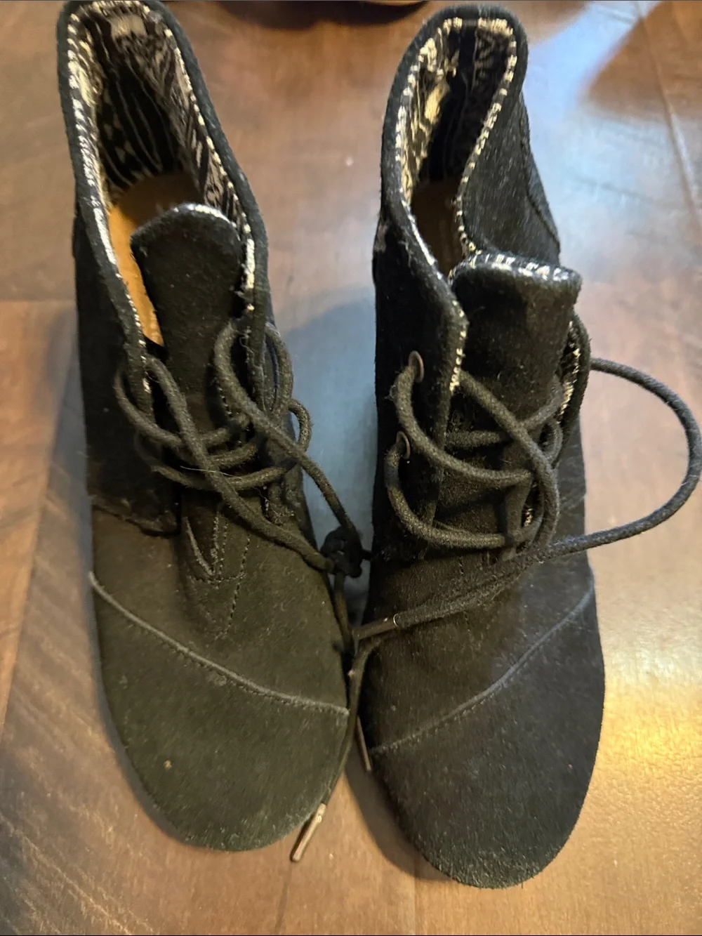 Toms Black Suede Wedge Lace-Up Booties